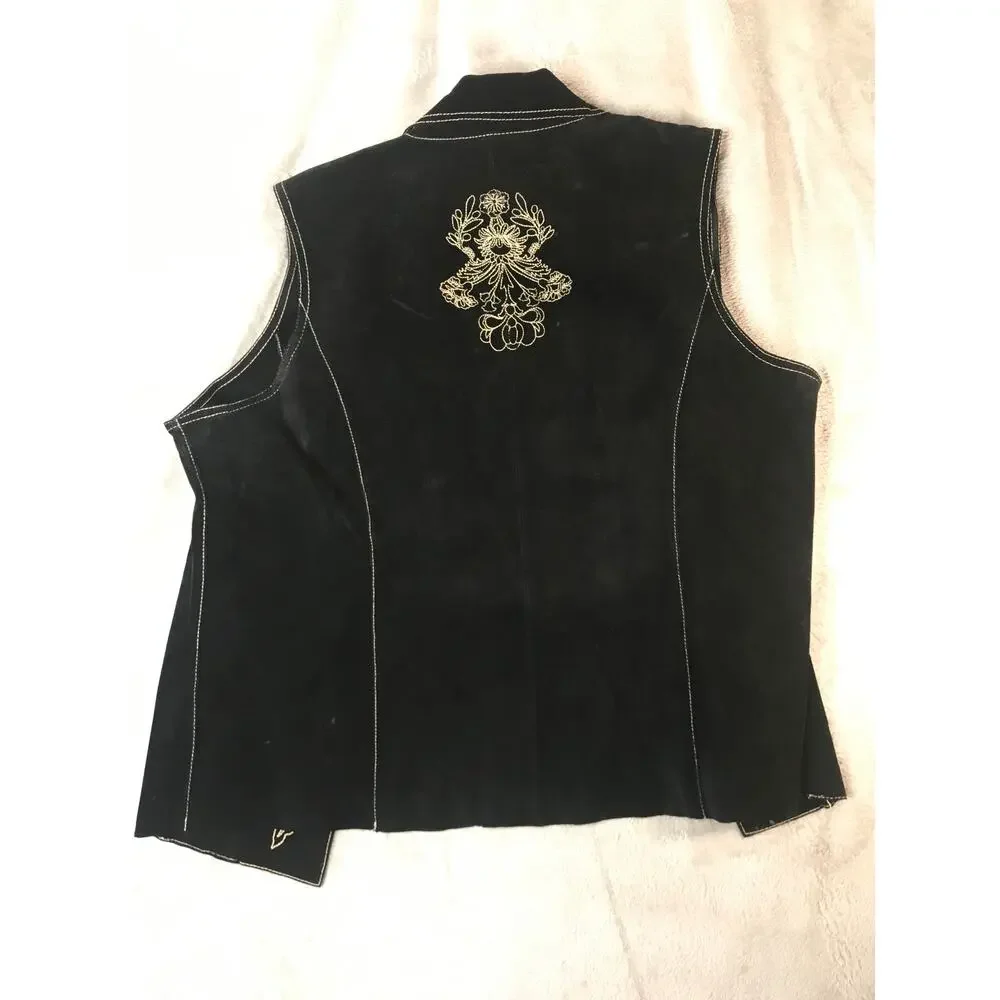 Coldwater Creek Leather Vest Womens L Black Floral Embroidered Zip Boho Western